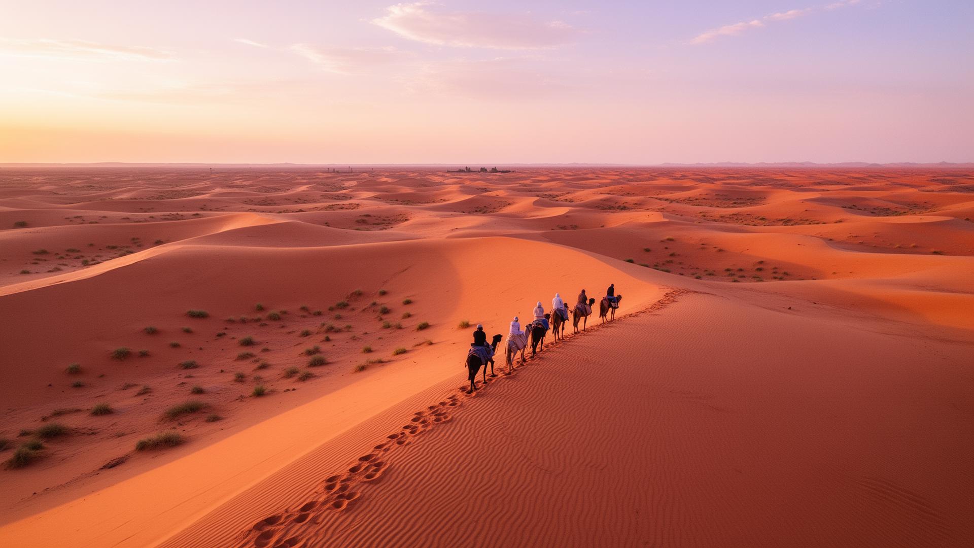 Group of travelers riding camels across Moroccan desert dunes at golden hour